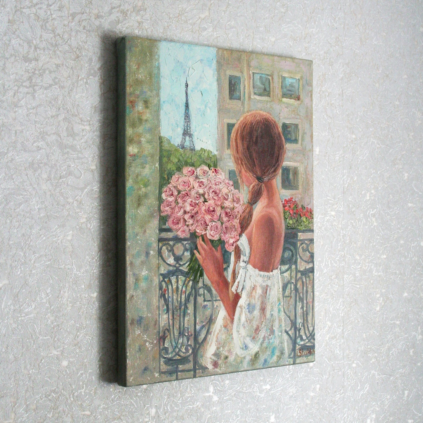 Girl with Roses & Eiffel Tower Original Oil Painting, Paris Art 12x16
