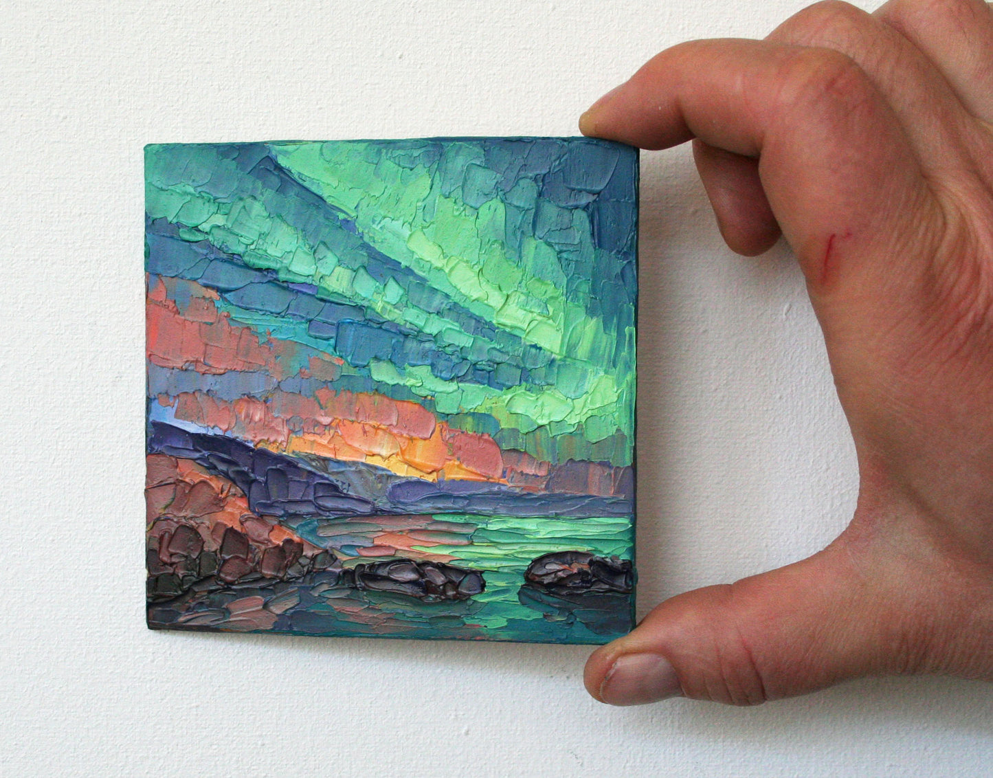 Northern Lights over Sea - Original Framed Mini Oil Painting 4x4, Aurora Borealis Norway Art