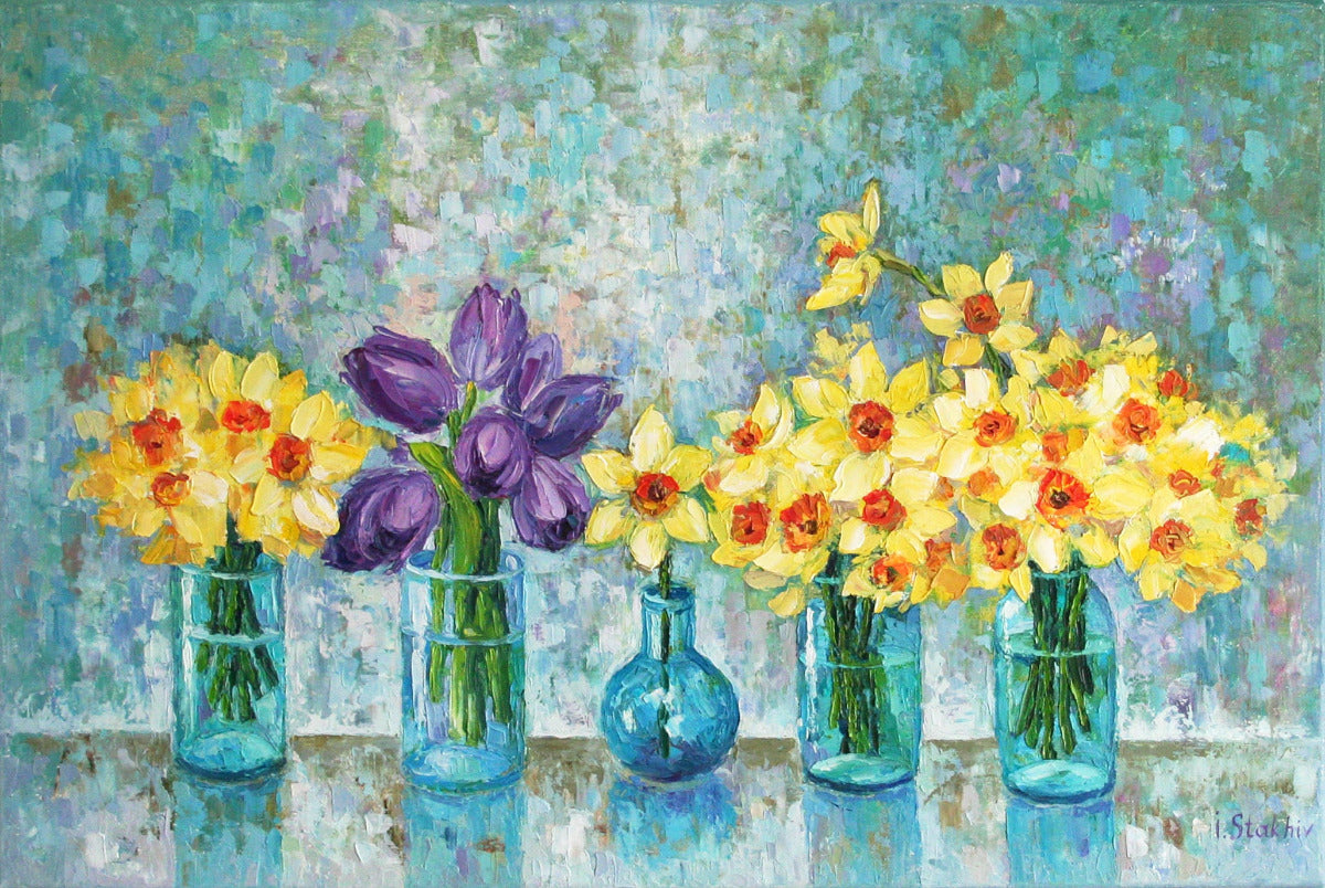 One-of-a-kind original oil painting yellow daffodils purple tulips by Iryna Stakhiv.