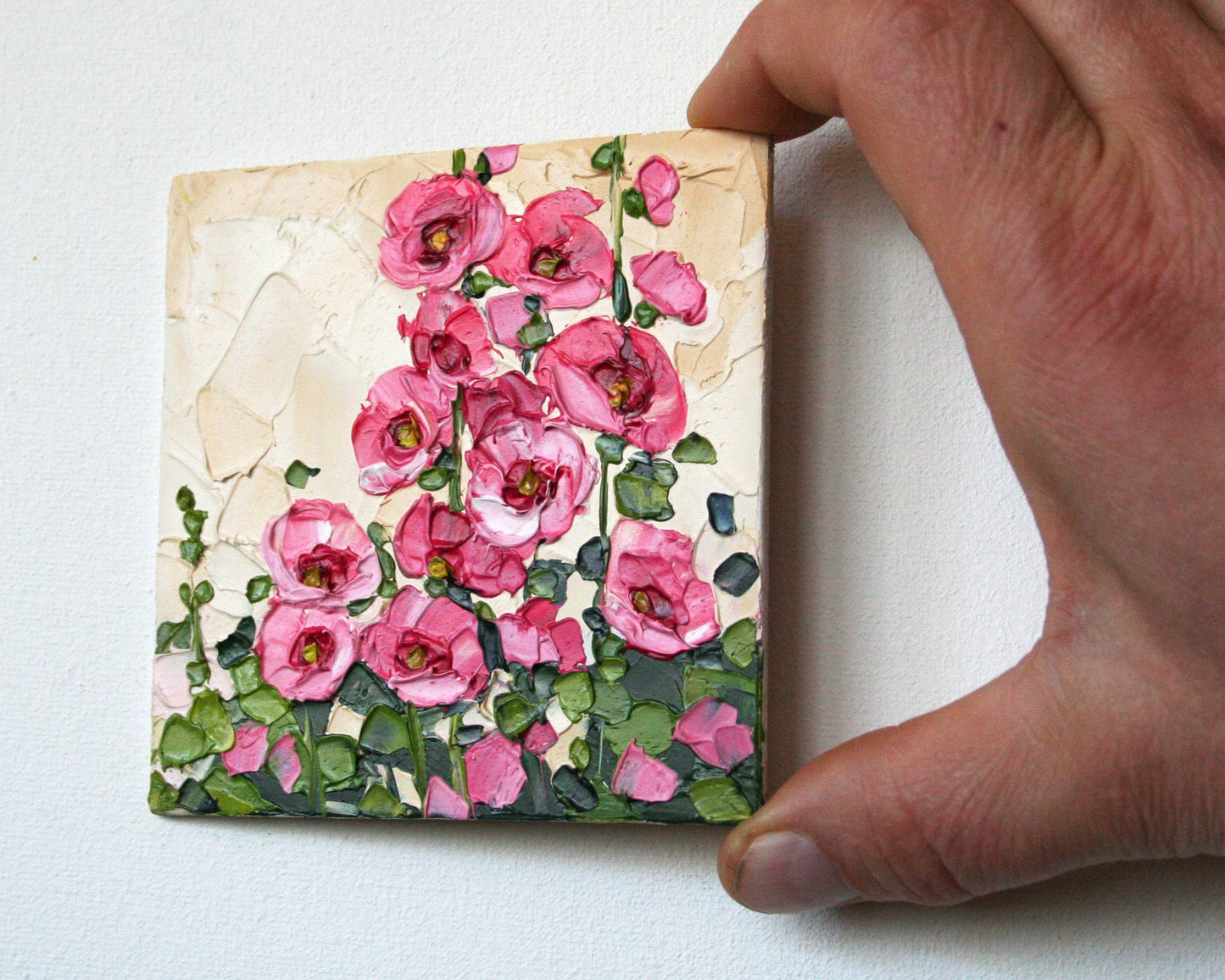 Original Hollyhock Mini Oil Painting: Palette Knife Texture, Hand-painted Tiny Framed Art by Iryna Stakhiv