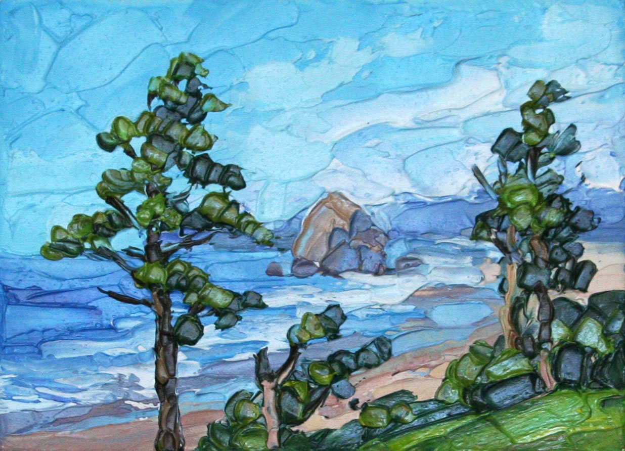 Cannon Beach seascape mini oil painting, Oregon original art palette knife on hard panel