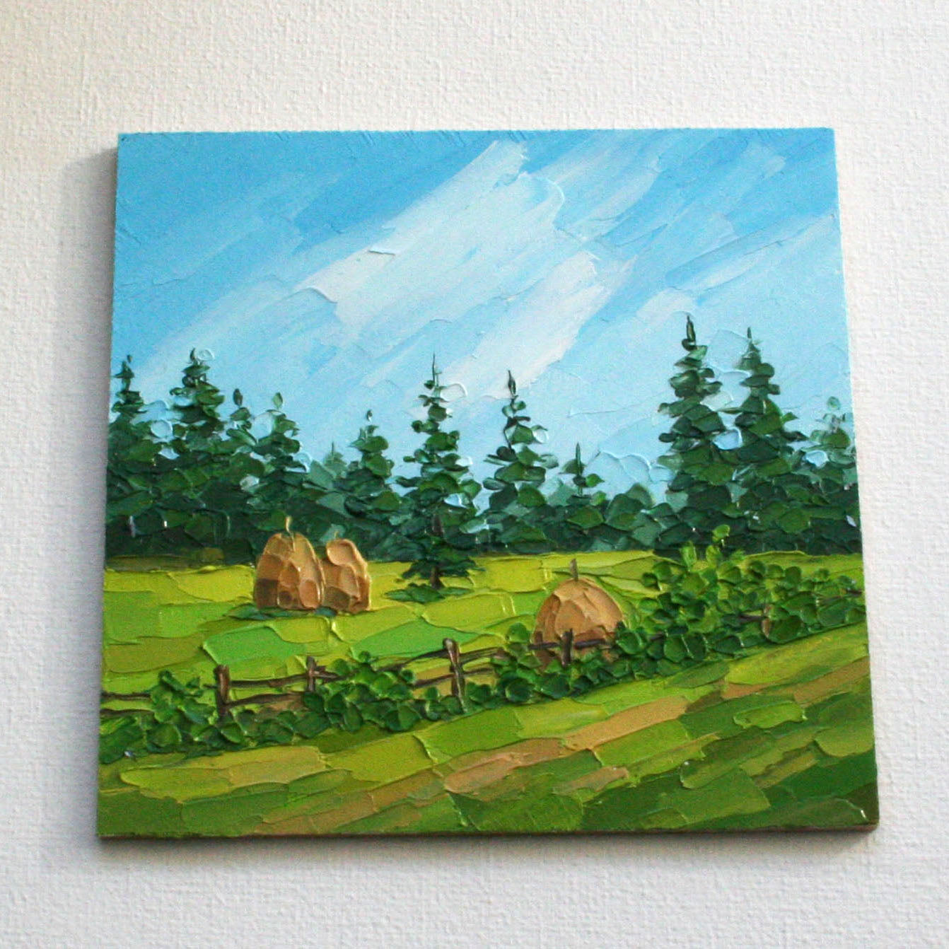 Framed Original Mini Oil Painting 4x4 | Rustic Haystack & Meadow Landscape