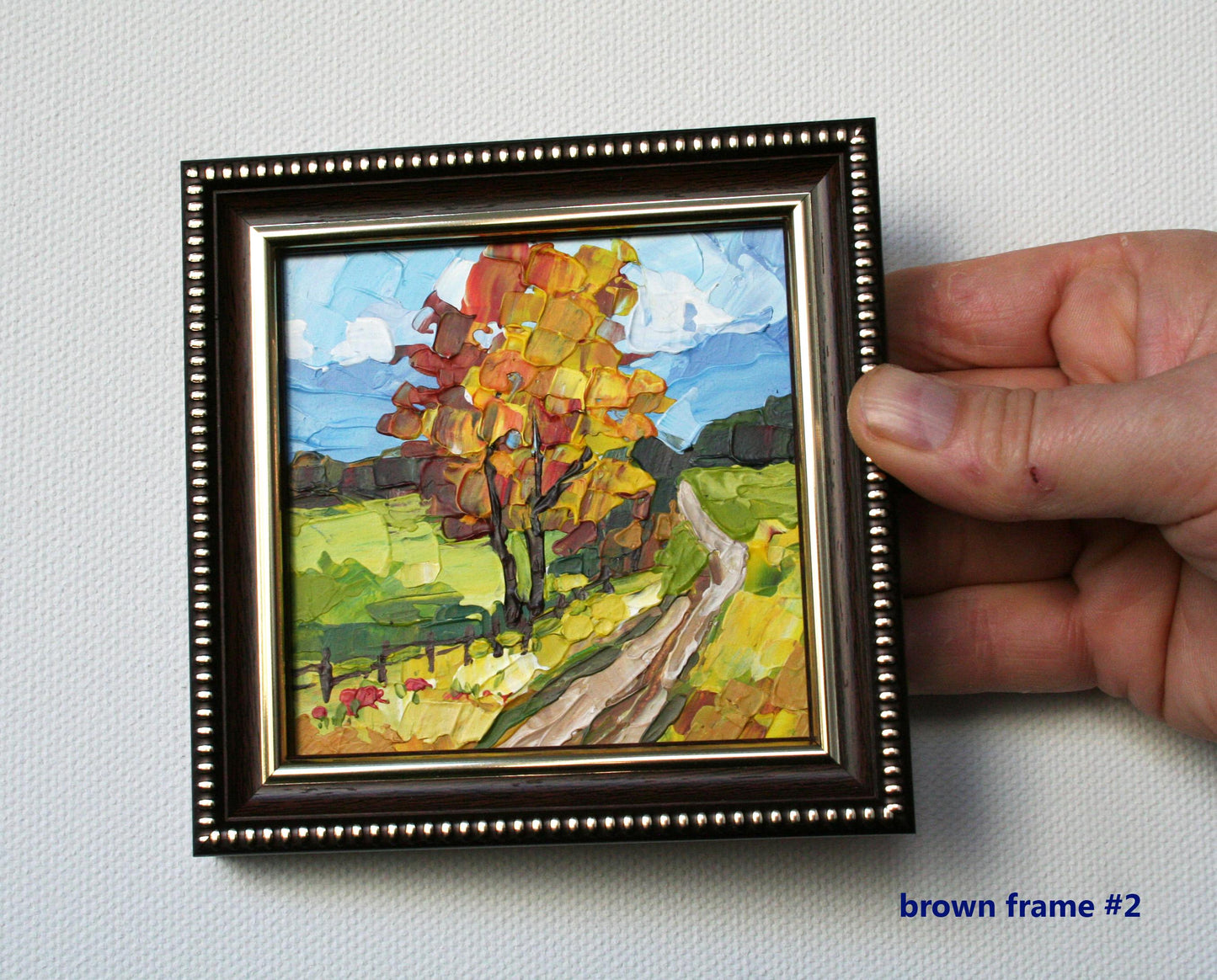Miniature commission landscape painting in frame, personalized gift idea, palette knife art