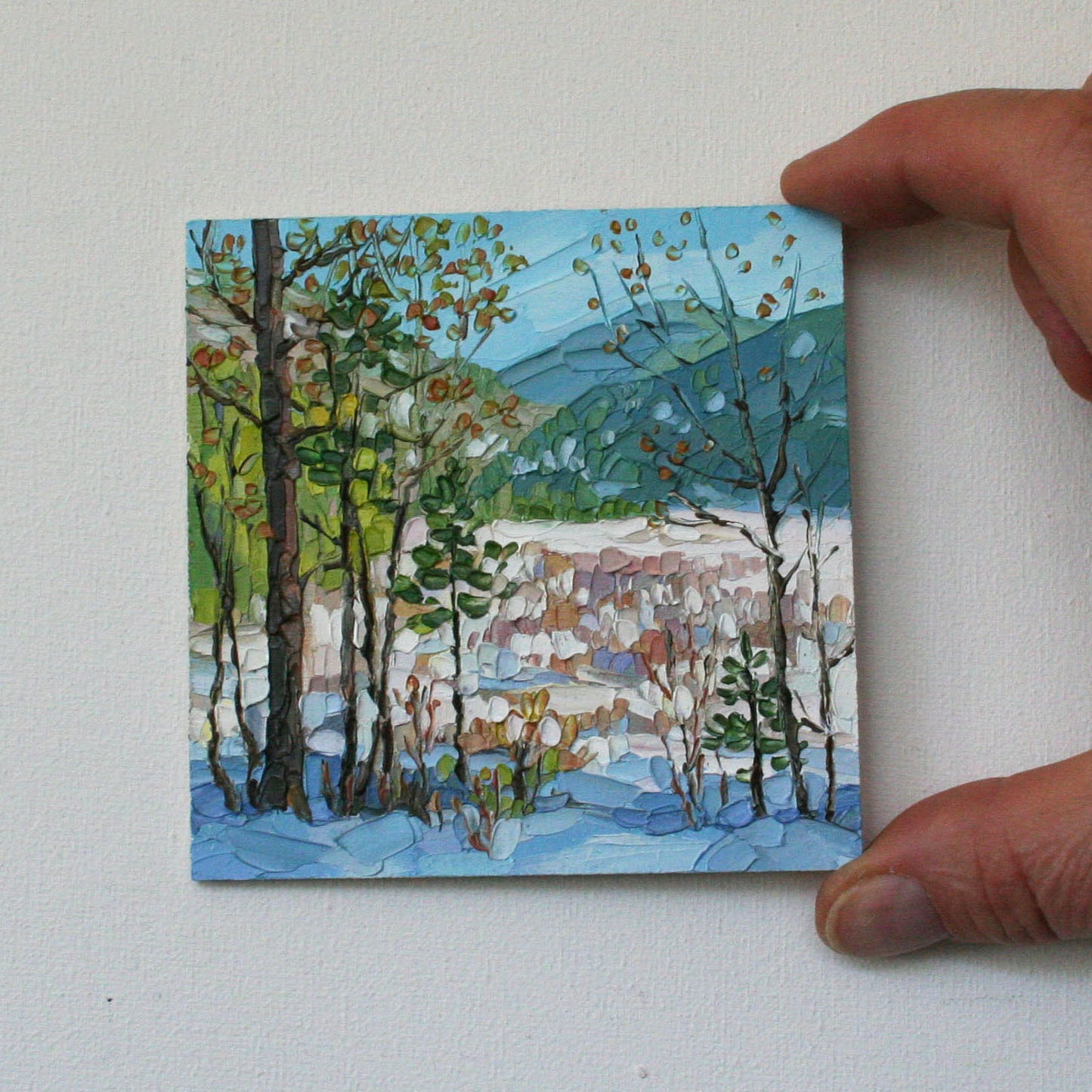 Miniature winter landscape painting palette knife texture