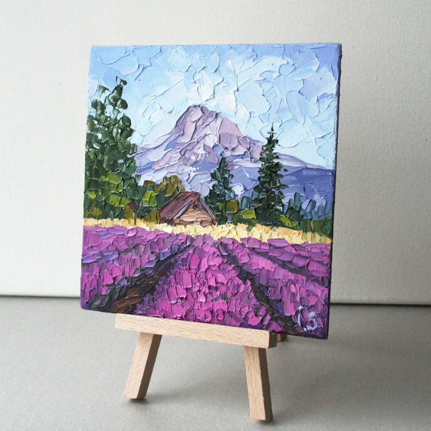 Oregon lavender fields miniature painting side view showing hard panel depth and impasto texture