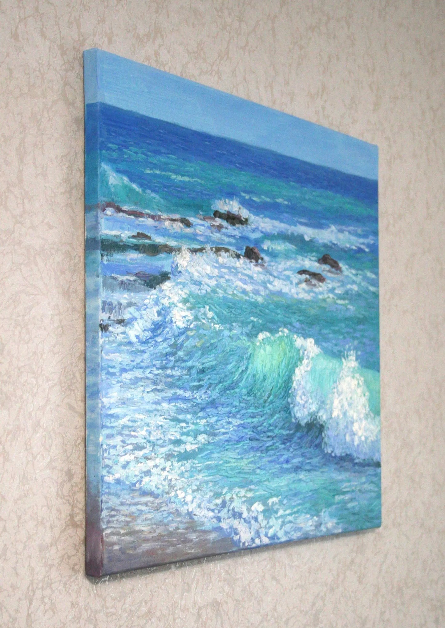 Original California seascape oil painting side view showing gallery wrapped canvas edges, Laguna Beach waves impasto art