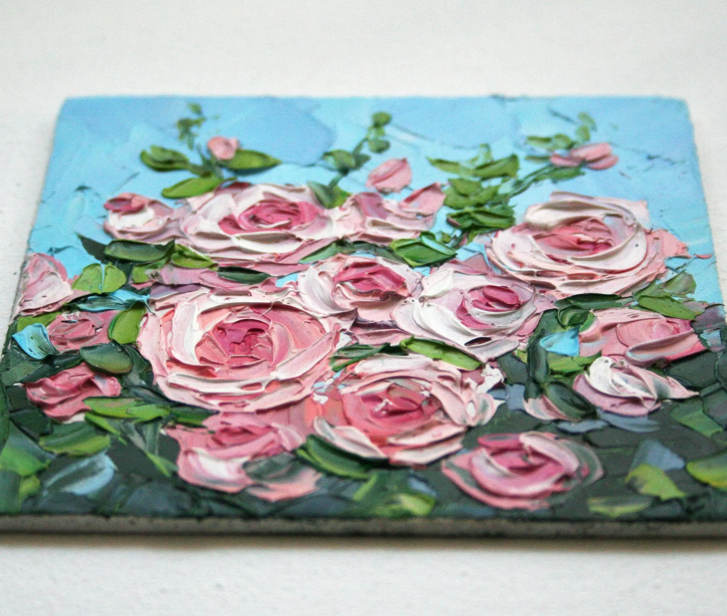 Pink rose oil painting detail, thick impasto texture palette knife strokes, original miniature art by Iryna Stakhiv