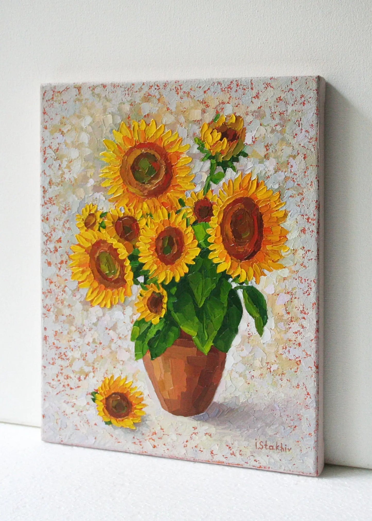 Sunflower bouquet original oil painting on canvas 8x10, Ukrainian floral art, palette knife impasto
