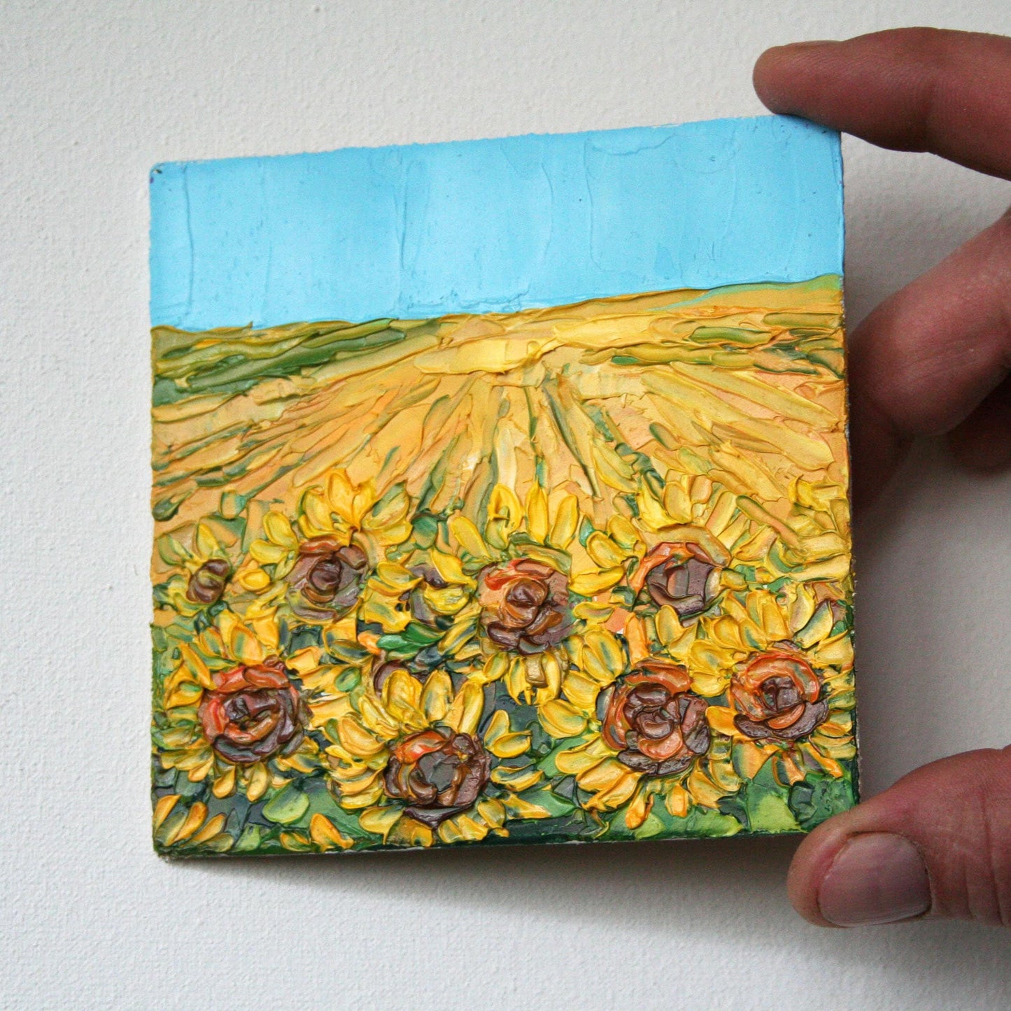 Sunflower mini oil painting, original palette knife impasto flower art