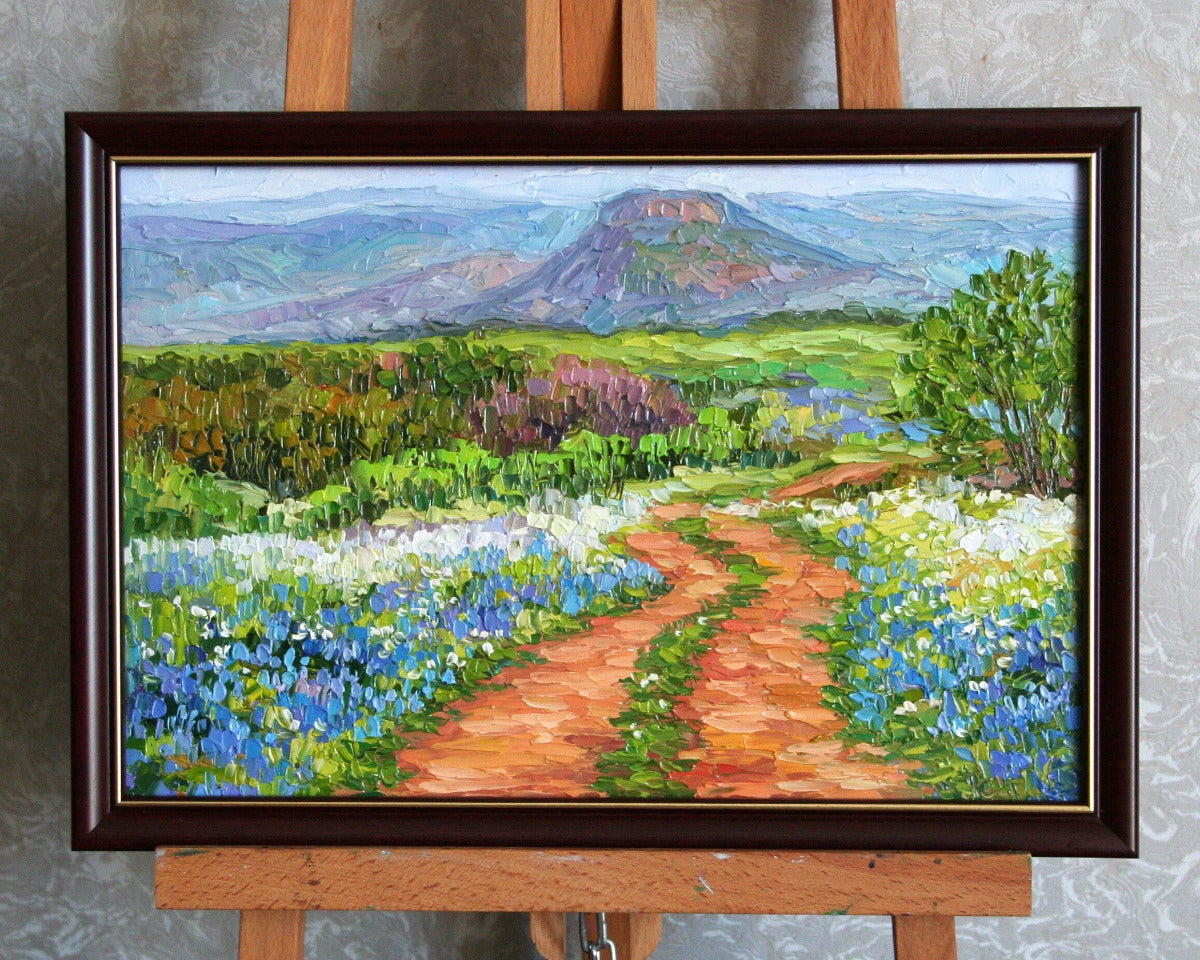 Texas bluebonnet painting, impasto texture palette knife blue wildflowers red dirt path
