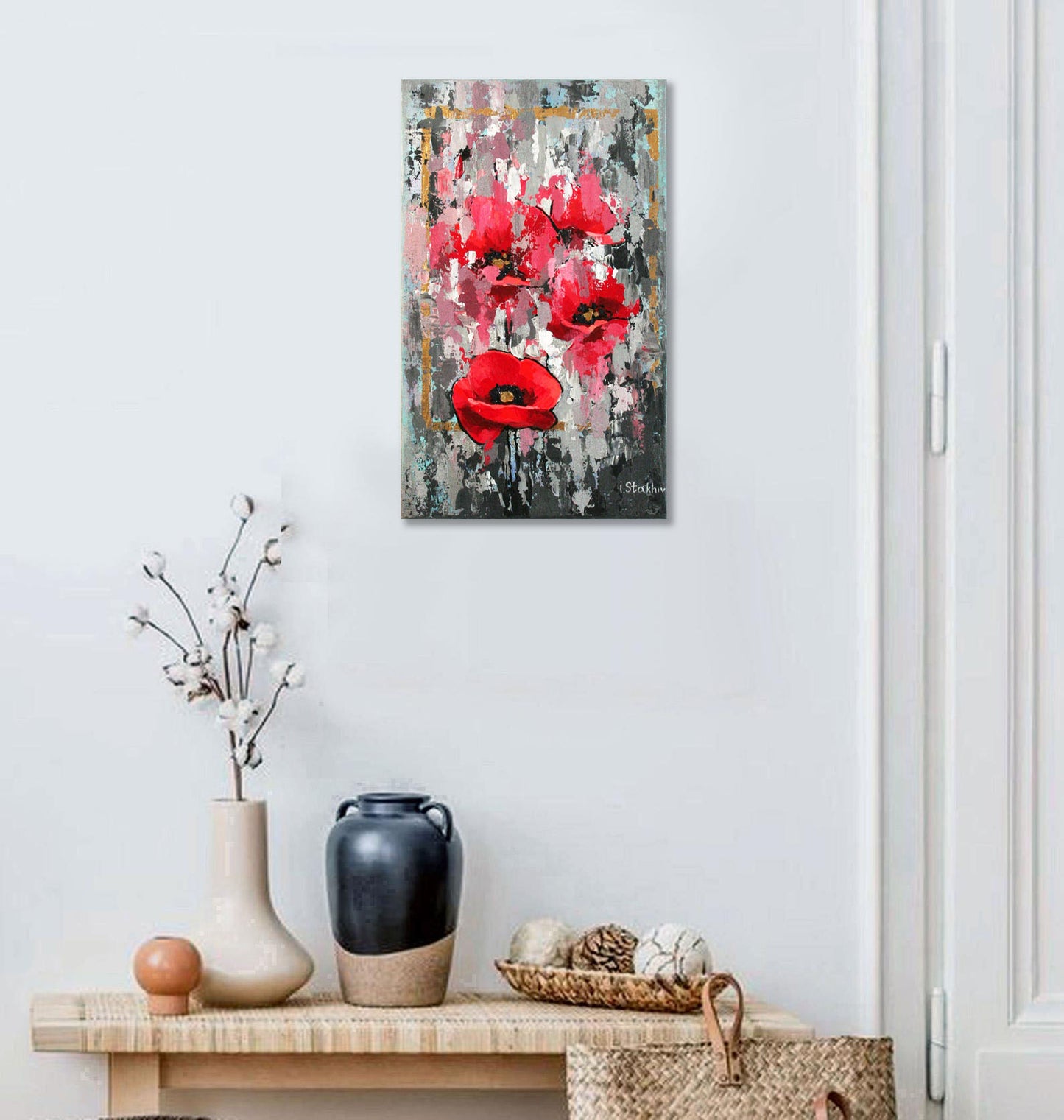 Textured floral art red poppies gray background 12x20