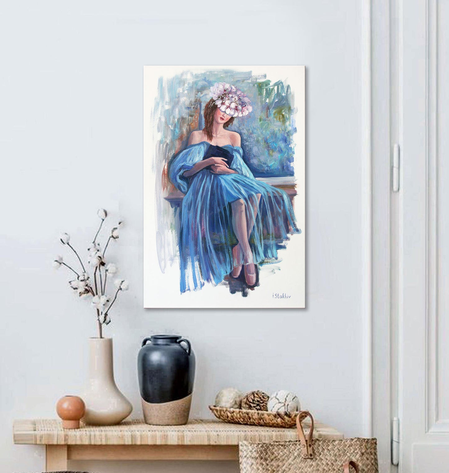 Hand-painted impressionist portrait of a woman reading, blue and white colors, 16x24 inches wall art.