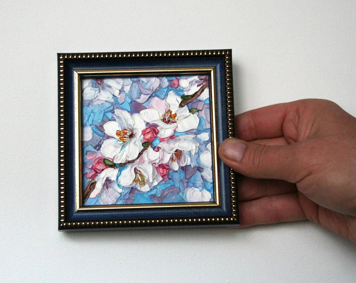 Original framed mini oil paintings — impasto palette knife textured art, handmade floral and landscape miniature wall art