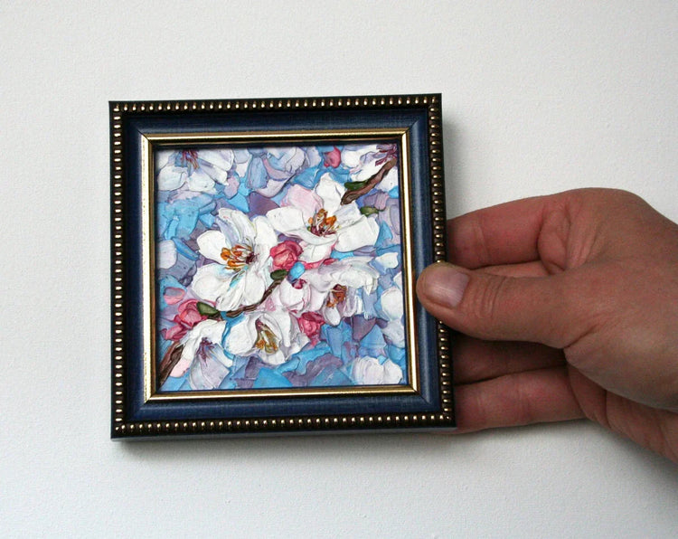 Original framed mini oil paintings — impasto palette knife textured art, handmade floral and landscape miniature wall art