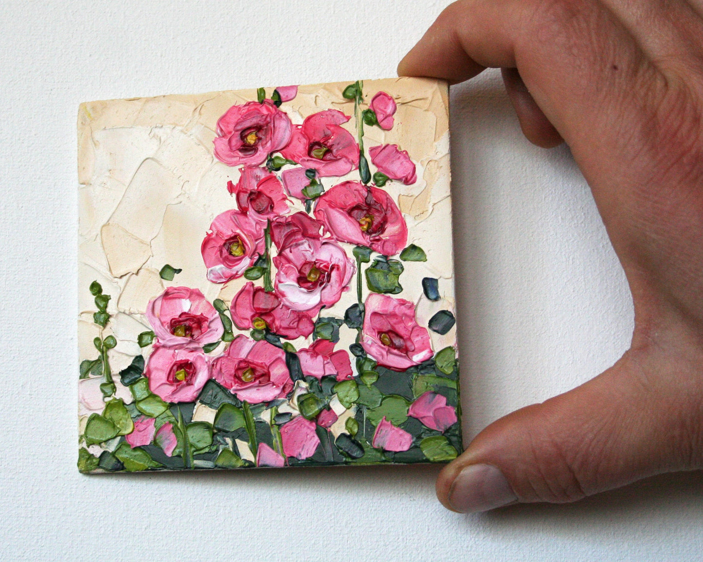 Original Hollyhock Mini Oil Painting: Palette Knife Texture, Hand-painted Tiny Framed Art by Iryna Stakhiv