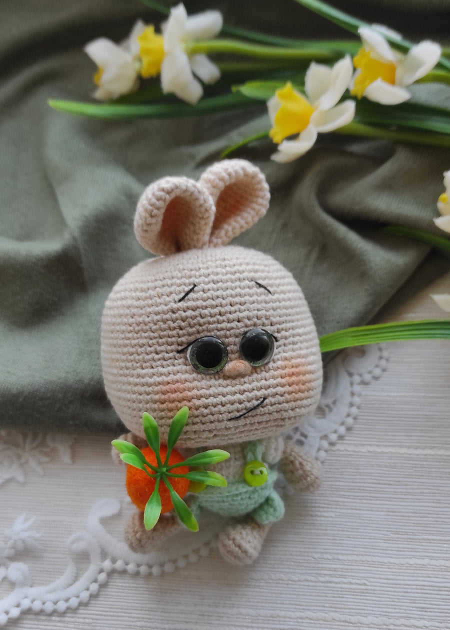 13cm organic cotton bunny amigurumi with carrot, handmade by Valentyna Levytska
