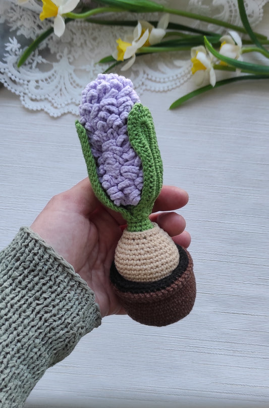 17cm crochet hyacinth in pot, amigurumi soft sculpture by Valentyna Levytska, 100% cotton