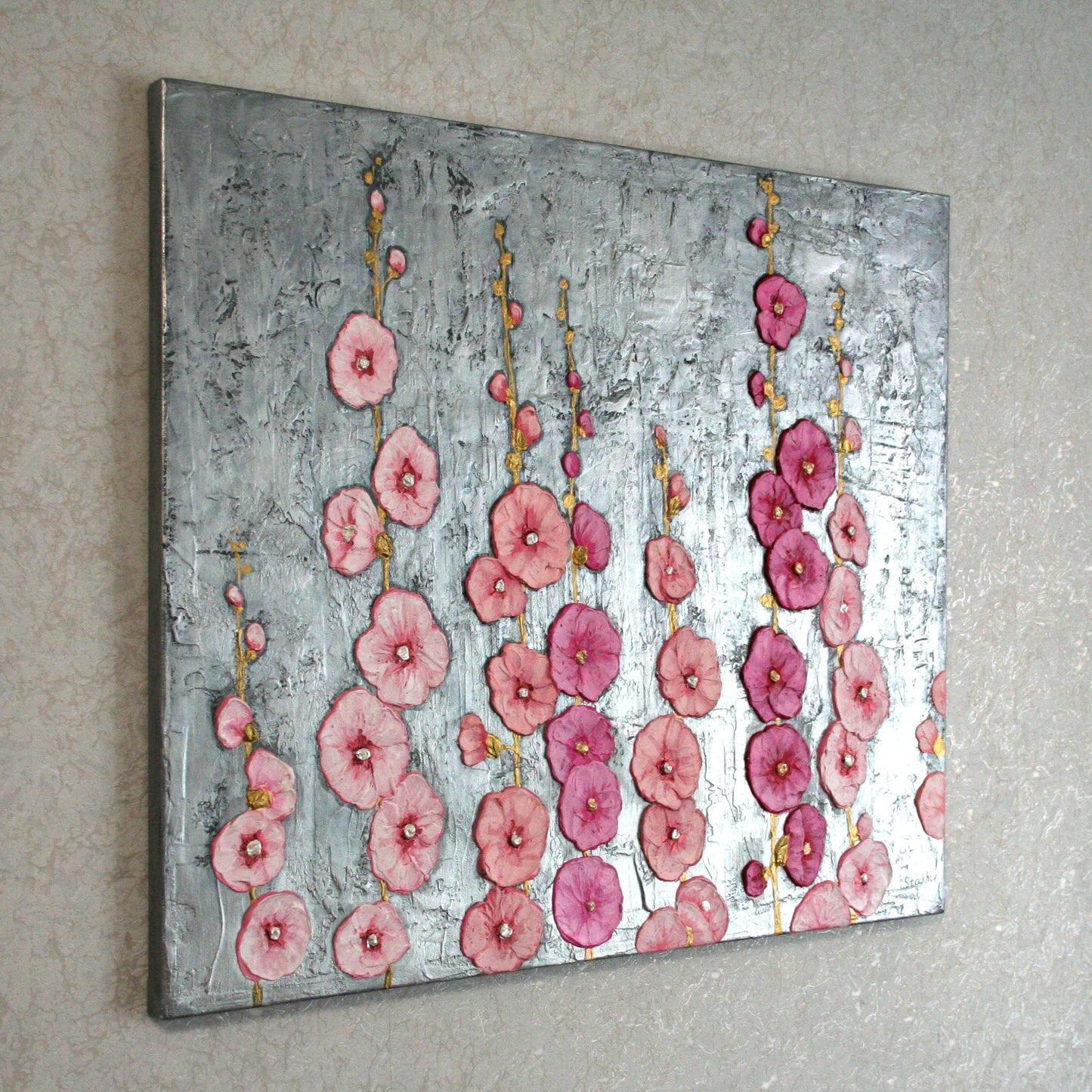 Original 3D Textured Hollyhocks Painting - Silver Metallic Floral Wall Art - 20x24"
