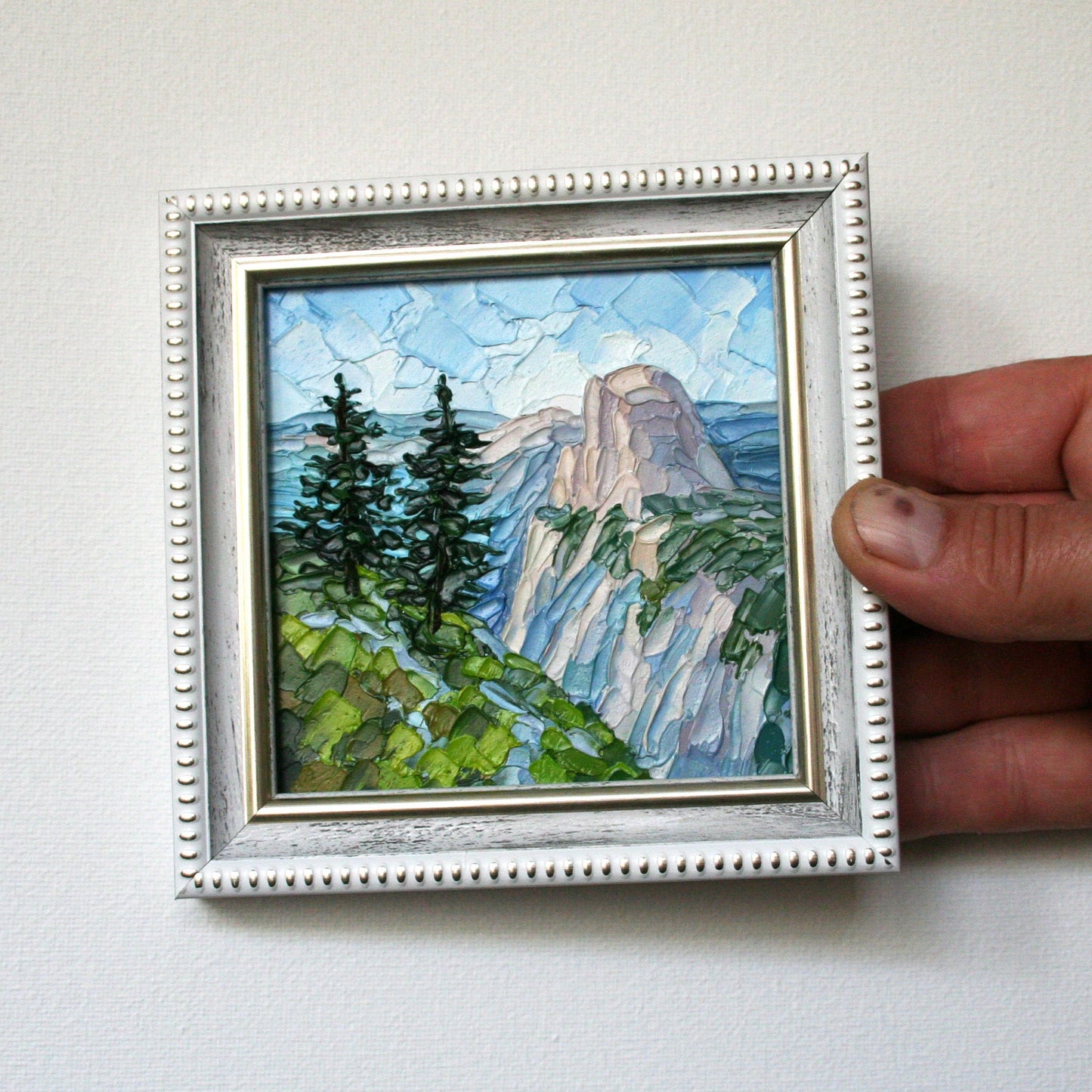 Framed Yosemite Mini Oil Painting 4x4, Impasto Palette Knife Mountain Art, California Landscape