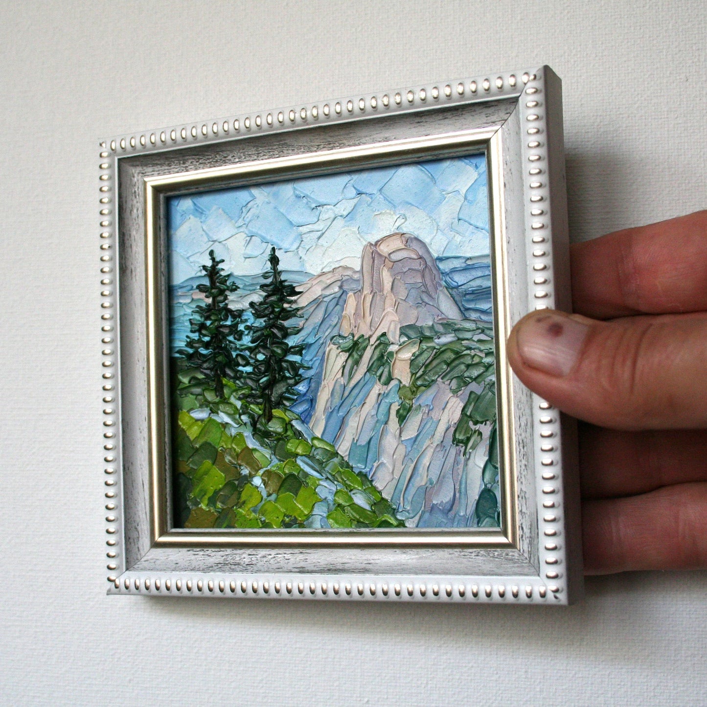 Framed Yosemite Mini Oil Painting 4x4, Impasto Palette Knife Mountain Art, California Landscape