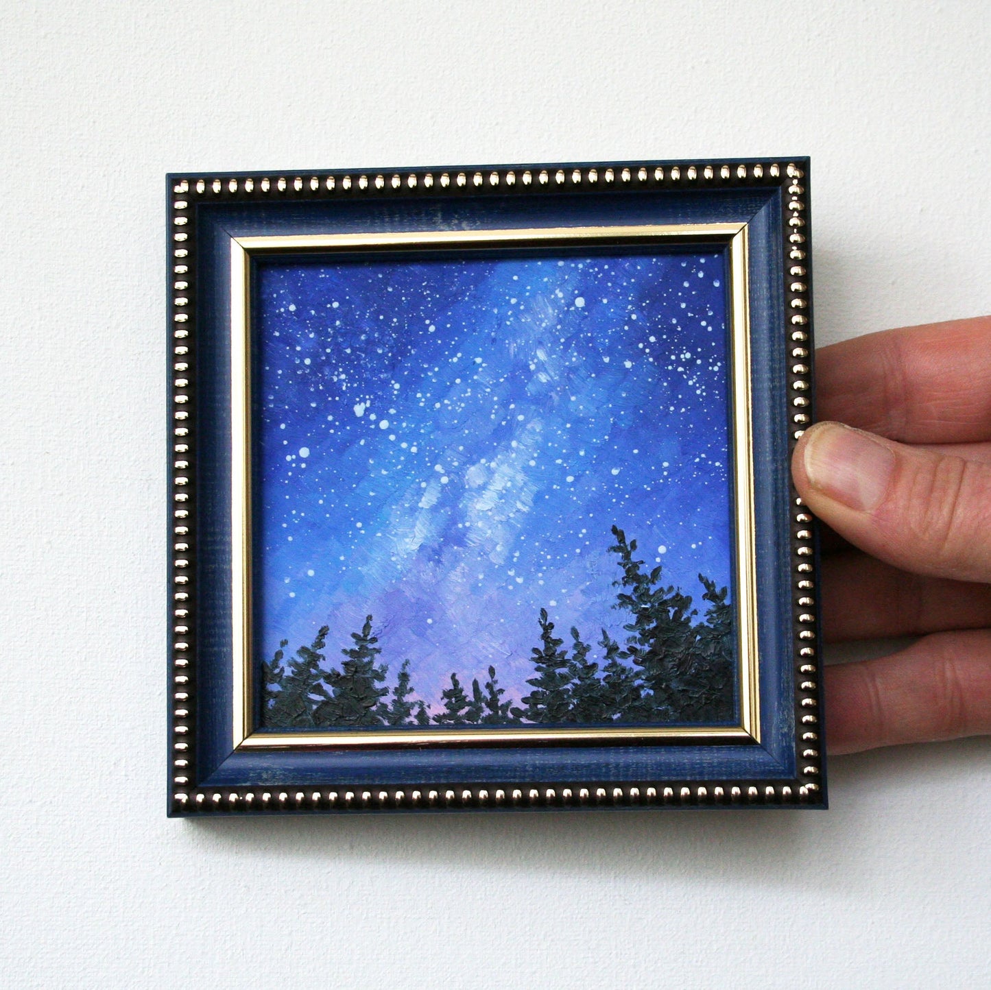 Mini Oil Painting of Milky Way Galaxy, Framed Night Sky Art, 4x4 Celestial Space Painting, Original