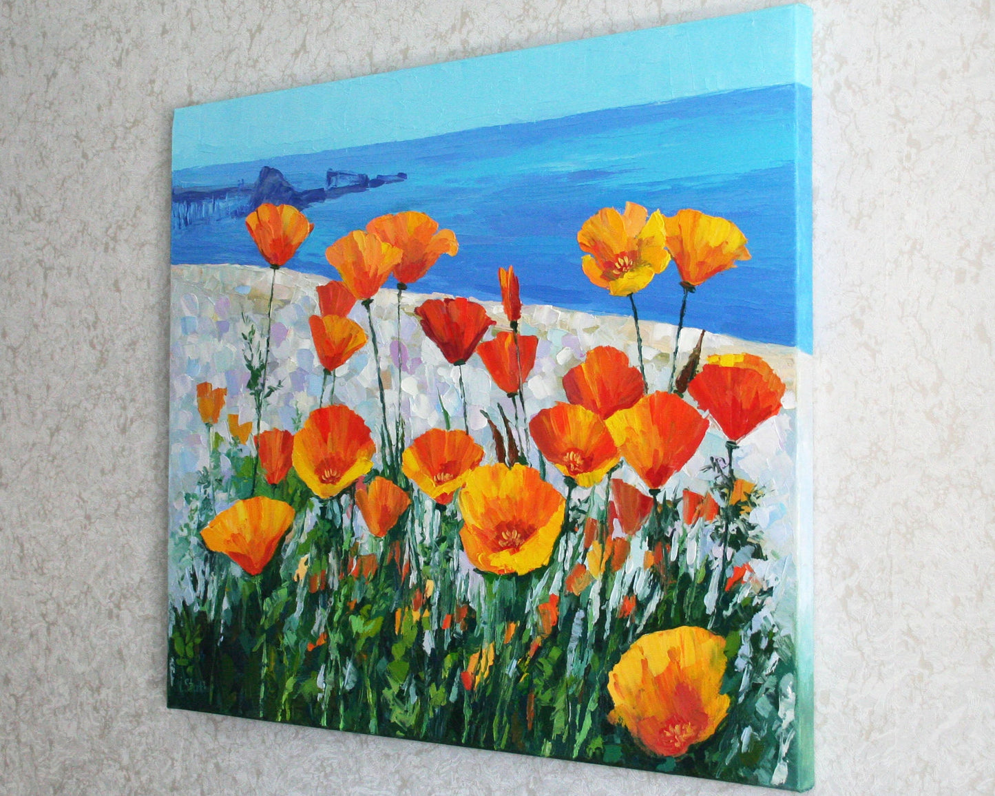 California Poppies by the Ocean — Original Palette Knife Texture Oil Painting (20x24 inches), Impasto Art by Iryna Stakhiv