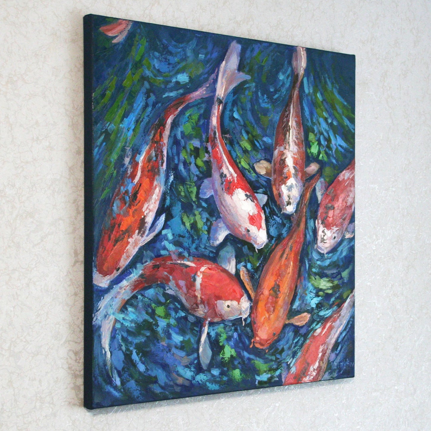 Palette knife strokes on 20x20 inch koi fish canvas art.