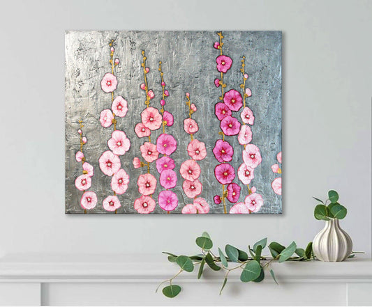 3D sculptural hollyhock painting - palette knife flowers on metallic silver background by Iryna Stakhiv
