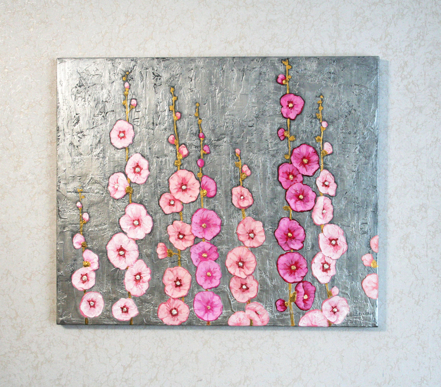 3D sculptural pink mallow painting with texture paste on metallic silver background by Iryna Stakhiv