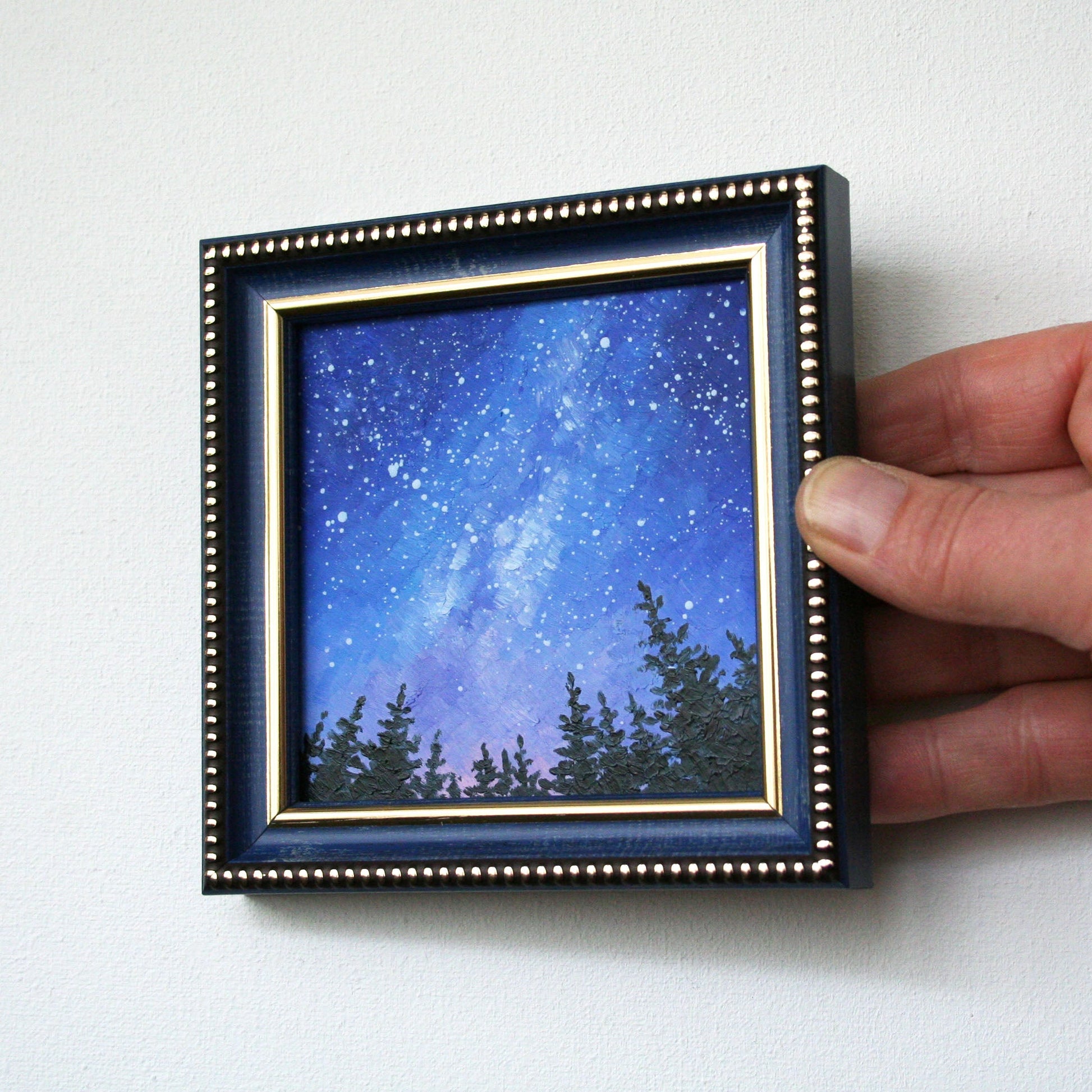 Framed 4x4 miniature painting of deep space and stars for gallery wall