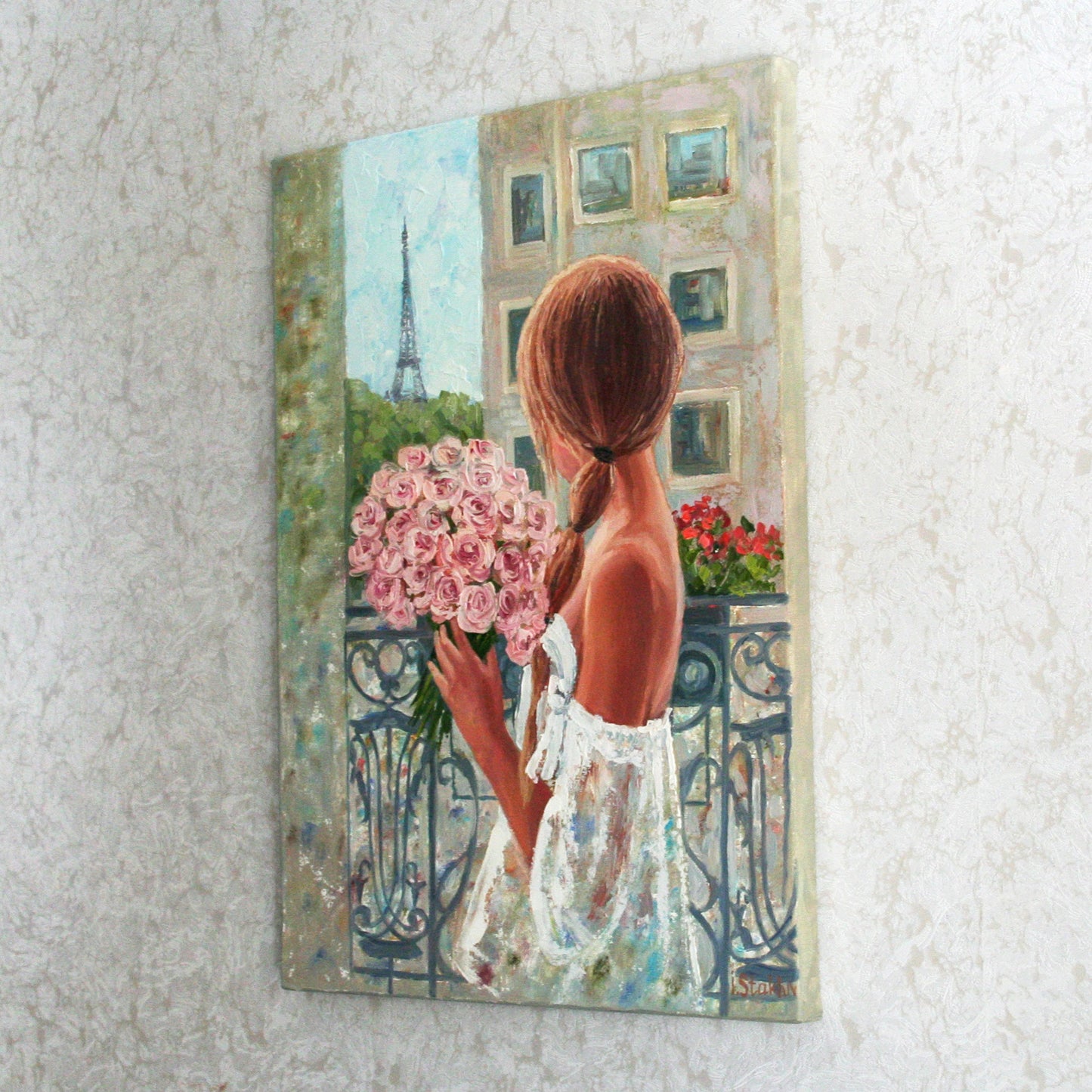 Girl with Roses & Eiffel Tower Original Oil Painting, Paris Art 12x16