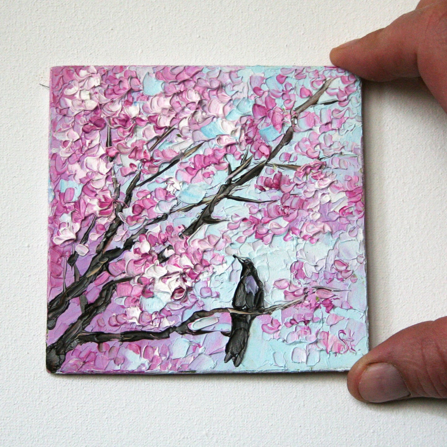 Impasto Cherry Blossom Mini Oil Painting, Original Small Framed Art 4x4 in, Hand-Painted Artwork by Iryna Stakhiv