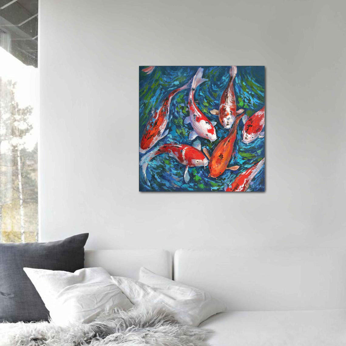 Original Koi Fish Oil Painting, Impasto Textured Wall Art, Palette Knife Goldfish Canvas by Iryna Stakhiv