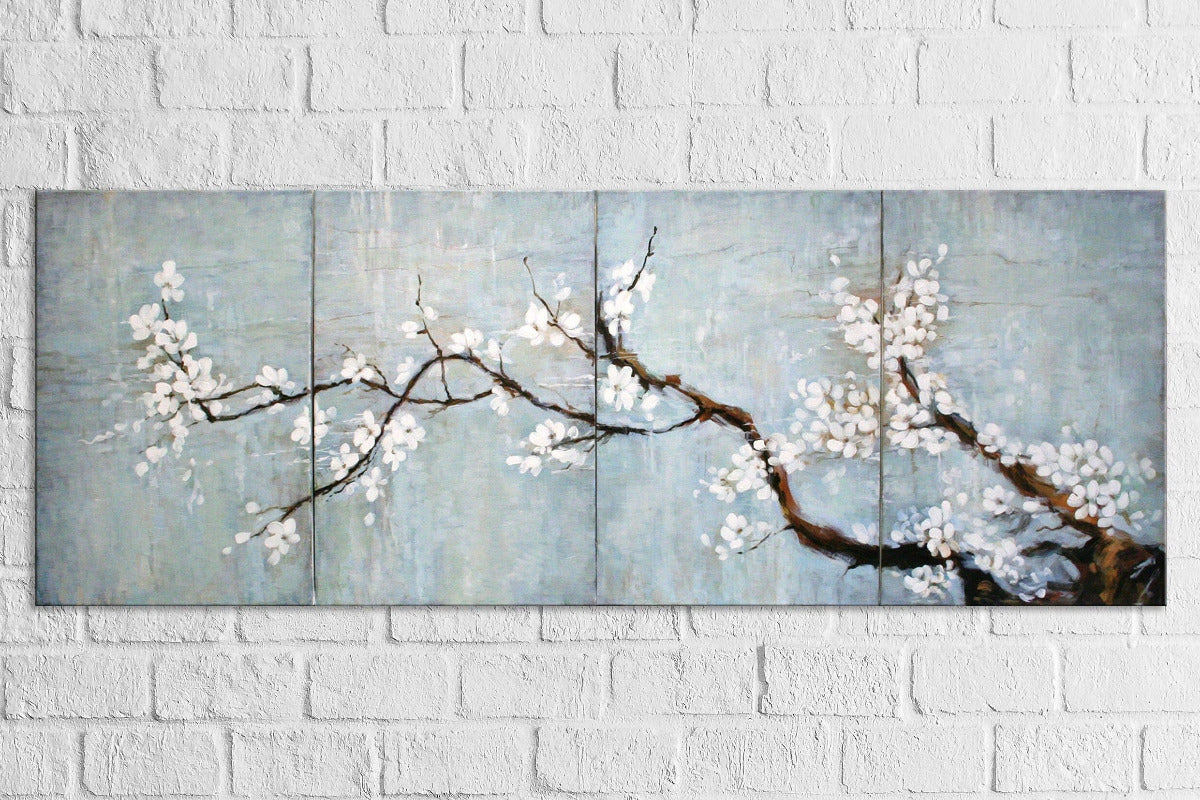 4 panel cherry blossom oil painting bedroom wall art, white flowers abstract canvas set 160x60 cm