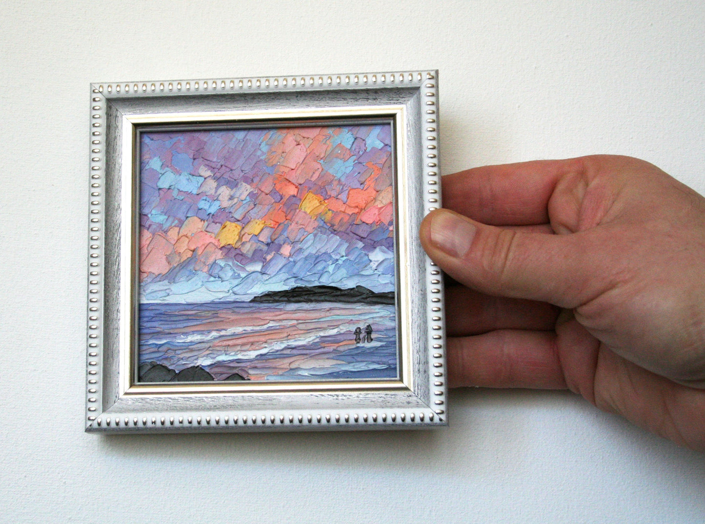 4x4 framed mini oil painting sunset, made to order original artwork blue white green frame options
