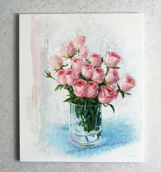 Pink roses oil painting in vase, palette knife impasto floral art by Iryna Stakhiv