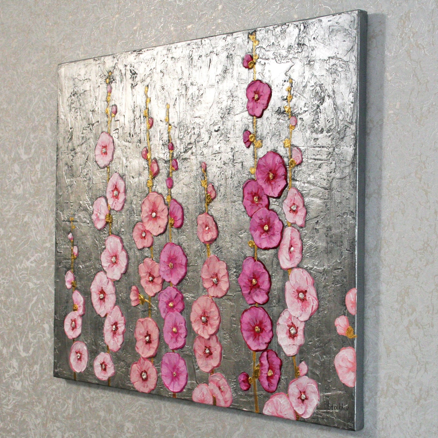 Original 3D Textured Hollyhocks Painting - Silver Metallic Floral Wall Art - 20x24"