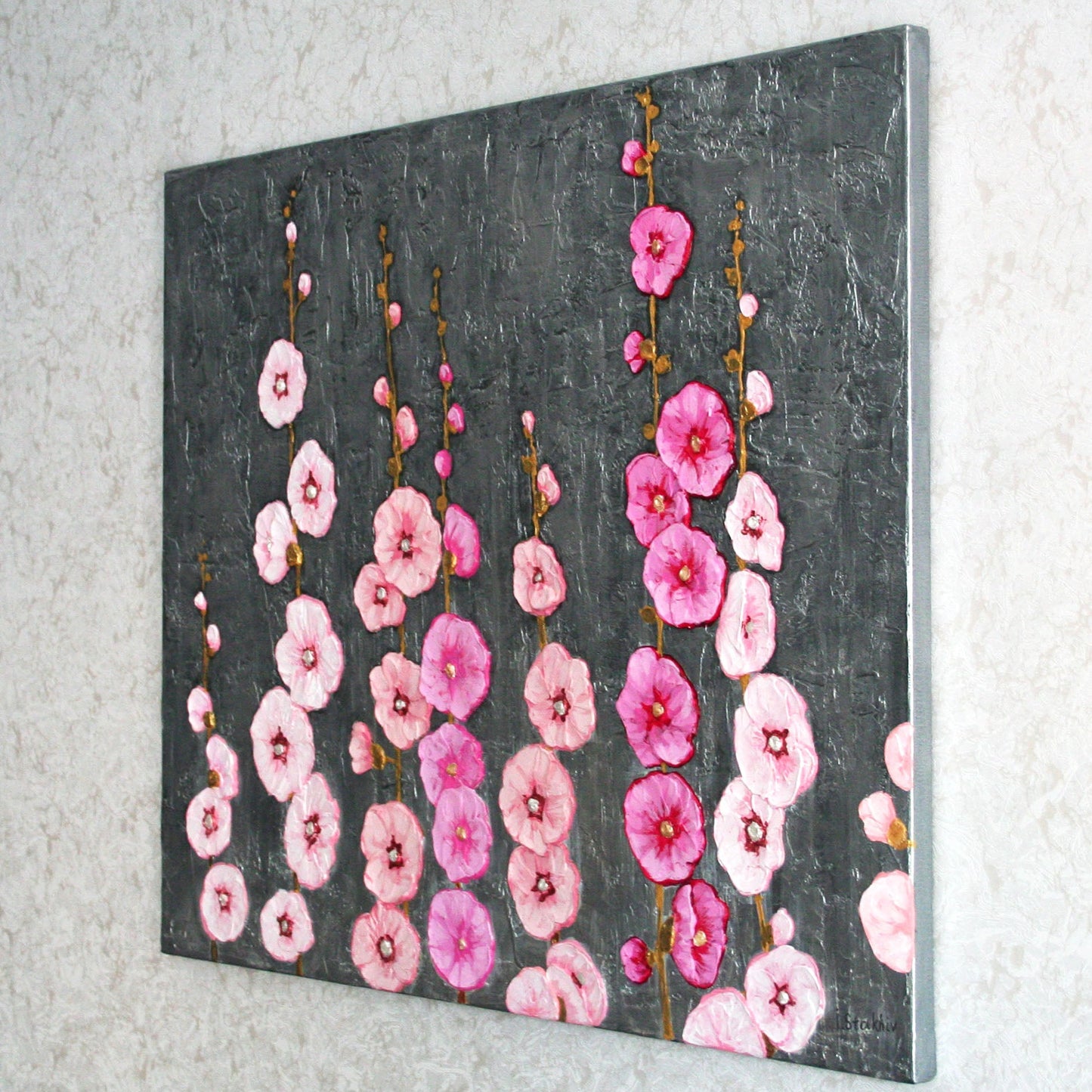 Original 3D Textured Hollyhocks Painting - Silver Metallic Floral Wall Art - 20x24"