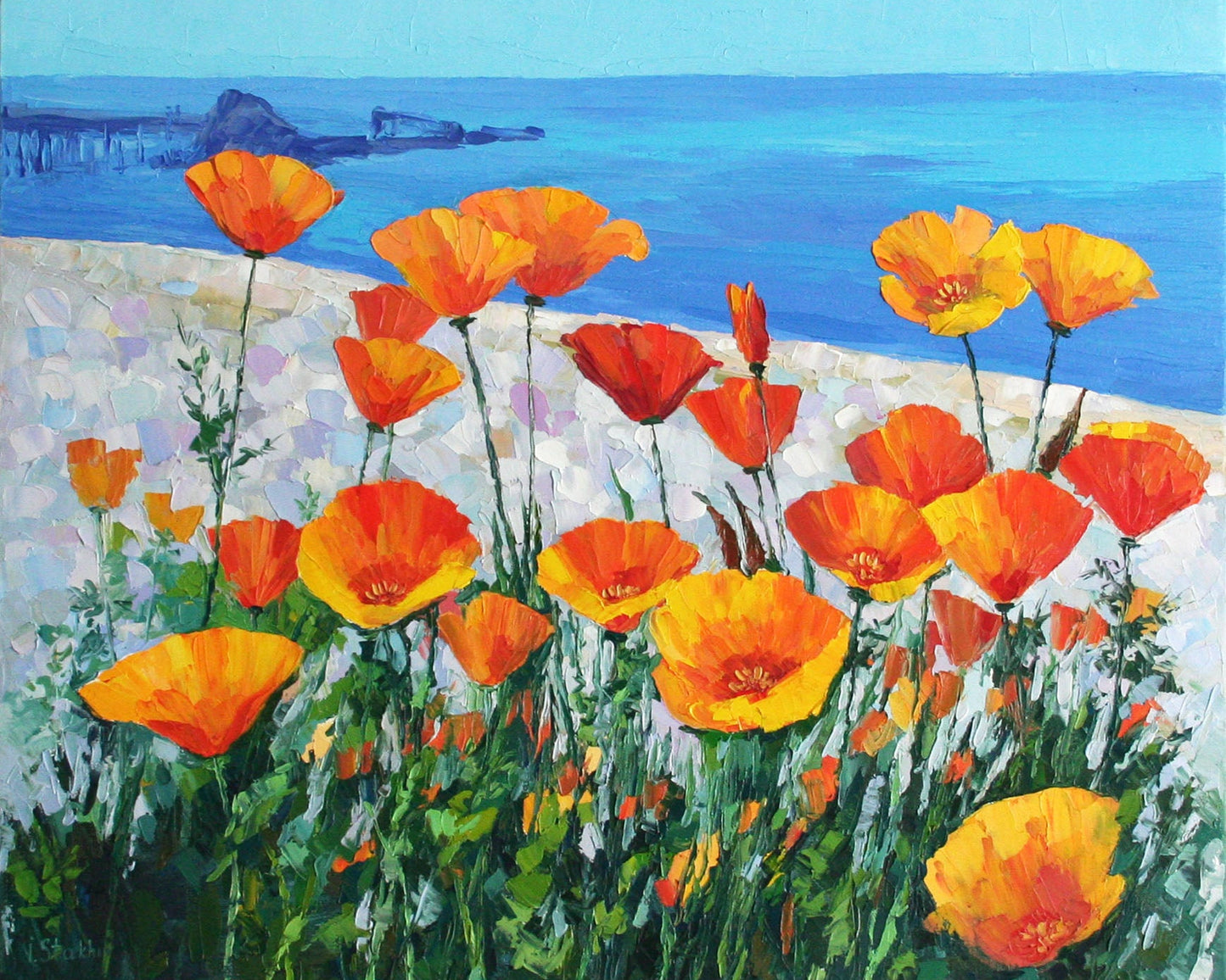 California Poppies by the Ocean — Original Palette Knife Texture Oil Painting (20x24 inches), Impasto Art by Iryna Stakhiv