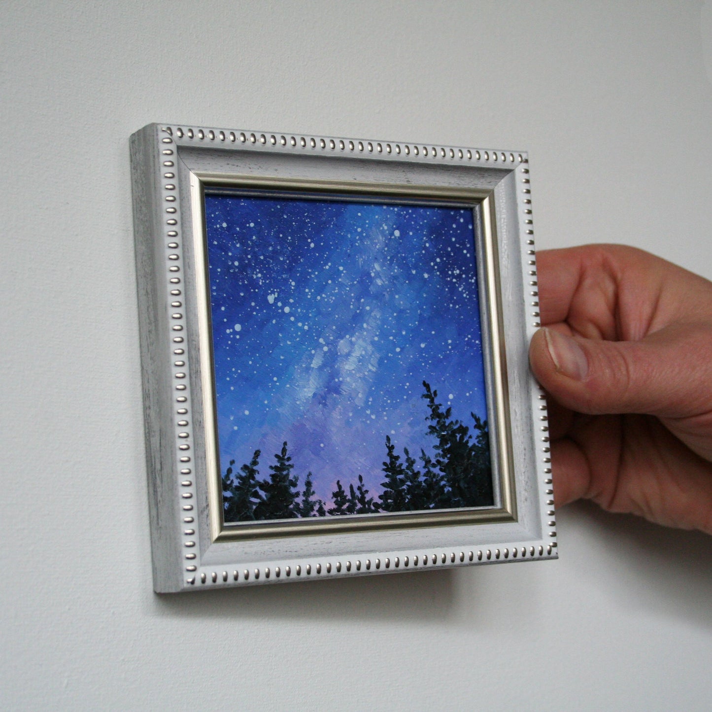 Mini Oil Painting of Milky Way Galaxy, Framed Night Sky Art, 4x4 Celestial Space Painting, Original