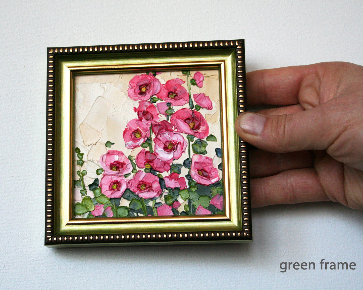 Original Hollyhock Mini Oil Painting: Palette Knife Texture, Hand-painted Tiny Framed Art by Iryna Stakhiv