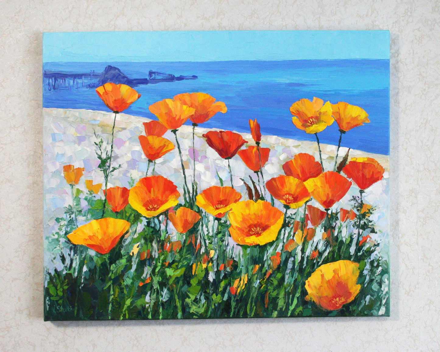 California Poppies by the Ocean — Original Palette Knife Texture Oil Painting (20x24 inches), Impasto Art by Iryna Stakhiv