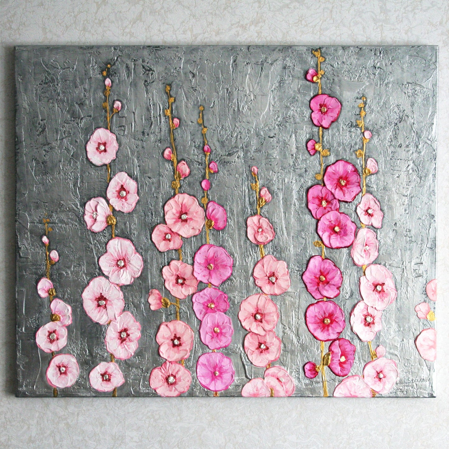 Original 3D Textured Hollyhocks Painting - Silver Metallic Floral Wall Art - 20x24"