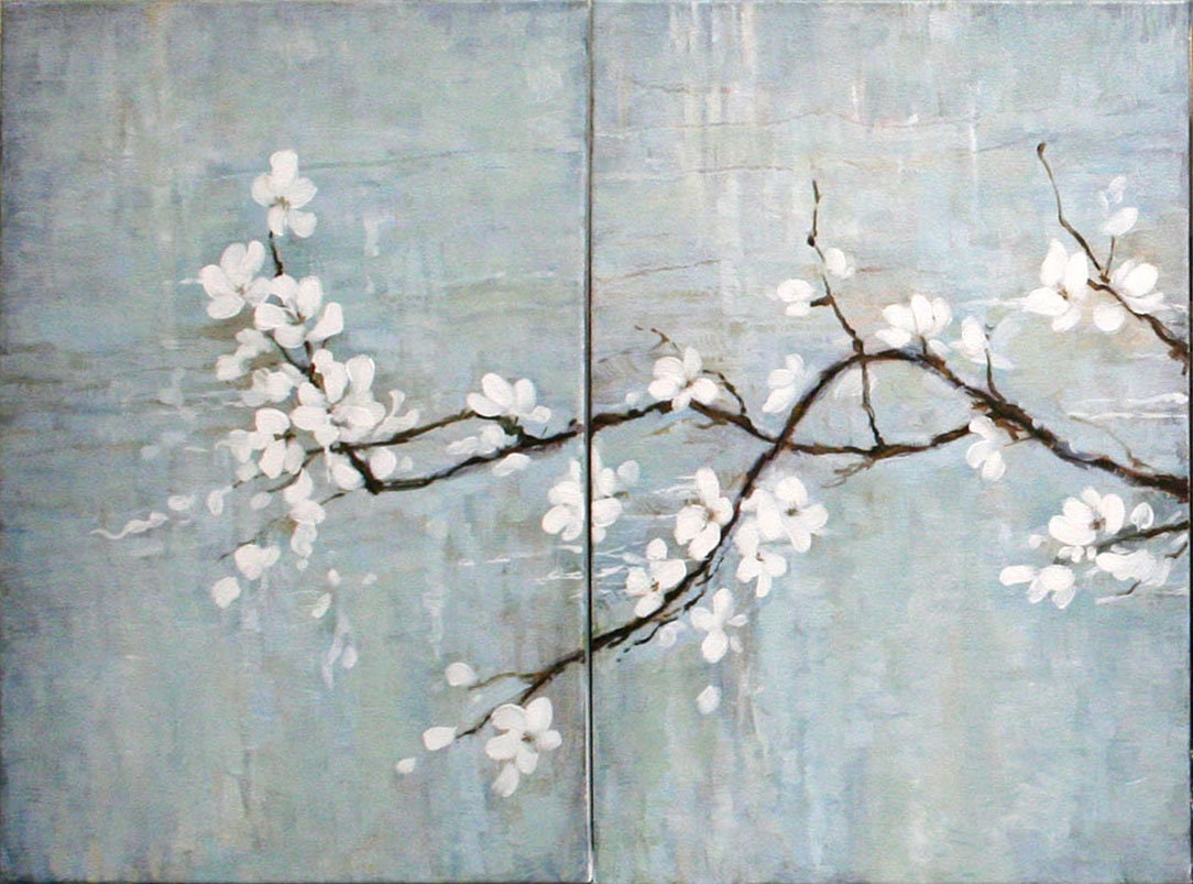 Abstract cherry blossom painting set bedroom, original oil on canvas by Iryna Stakhiv gallery wall