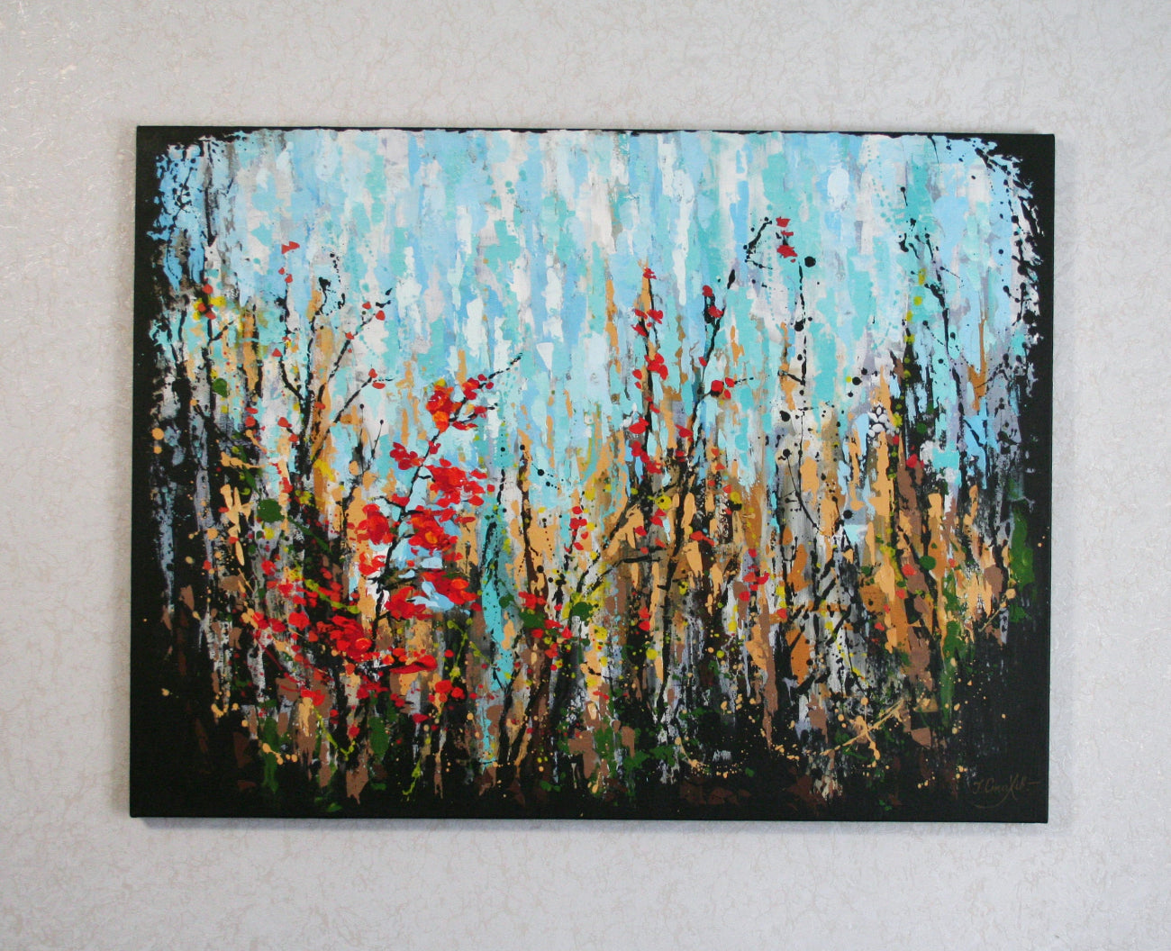 Abstract painting of trees with red leaves and blue sky on a light gray background