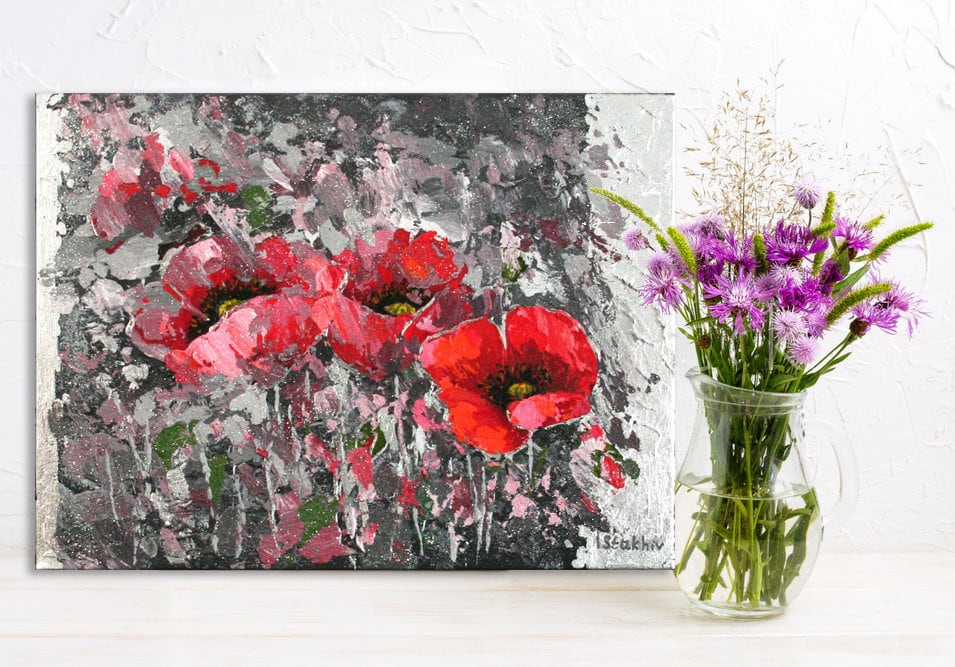 Abstract red poppy floral painting by Iryna Stakhiv, signed original artwork from Ukraine