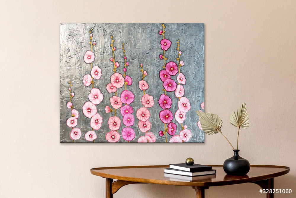 Original 3D Textured Hollyhocks Painting - Silver Metallic Floral Wall Art - 20x24"