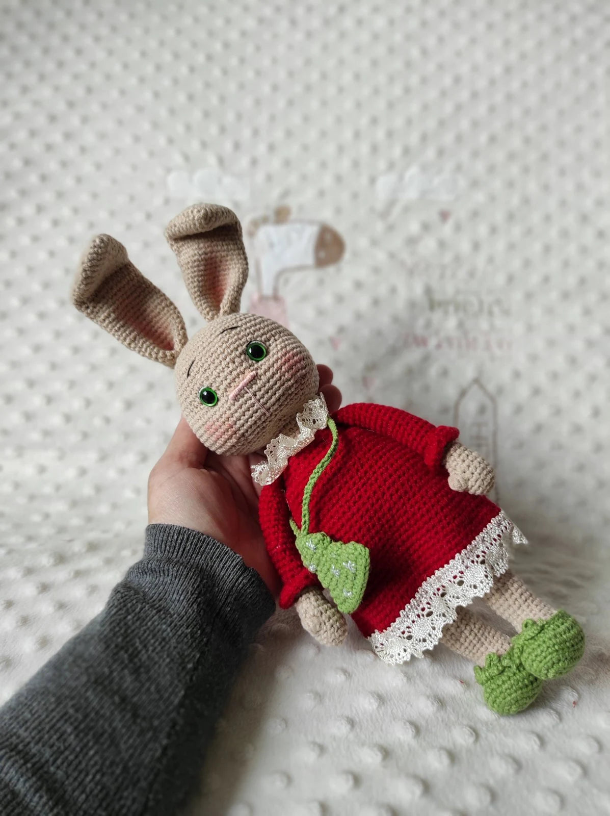 Amigurumi bunny stuffed animal in red dress and green booties, gift for little girls