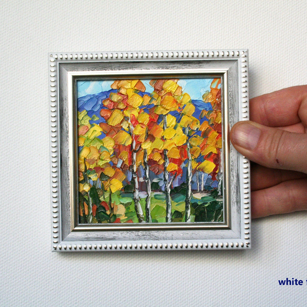 Aspen tree fall landscape painting detail, impasto texture palette knife golden autumn leaves