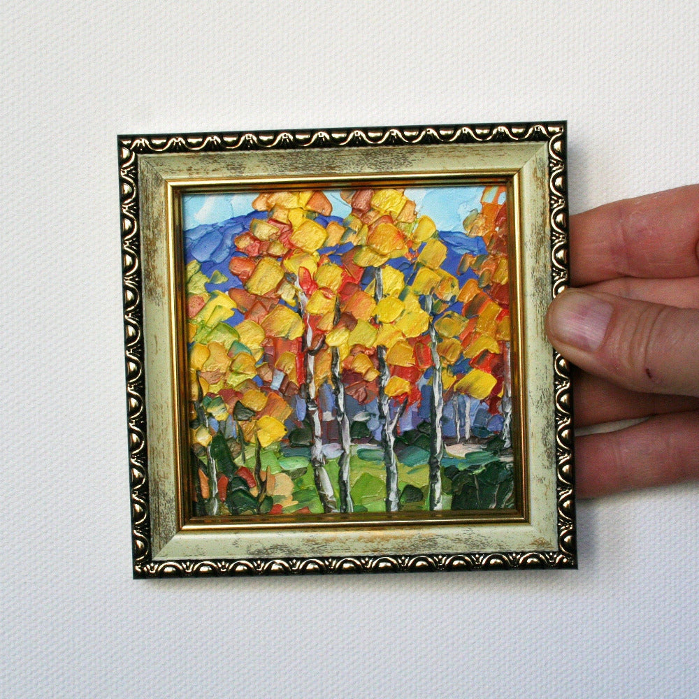 Aspen tree mini oil painting 4x4, original framed fall landscape textured impasto art by Iryna Stakhiv